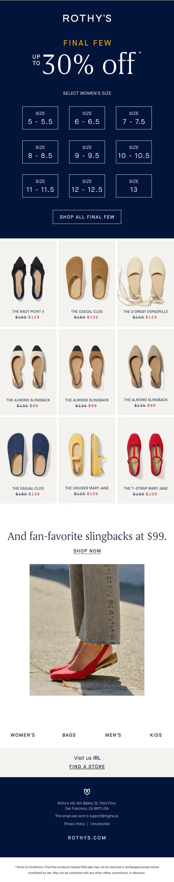 Up to 30% off, and going fast. email from Rothy's screenshot
