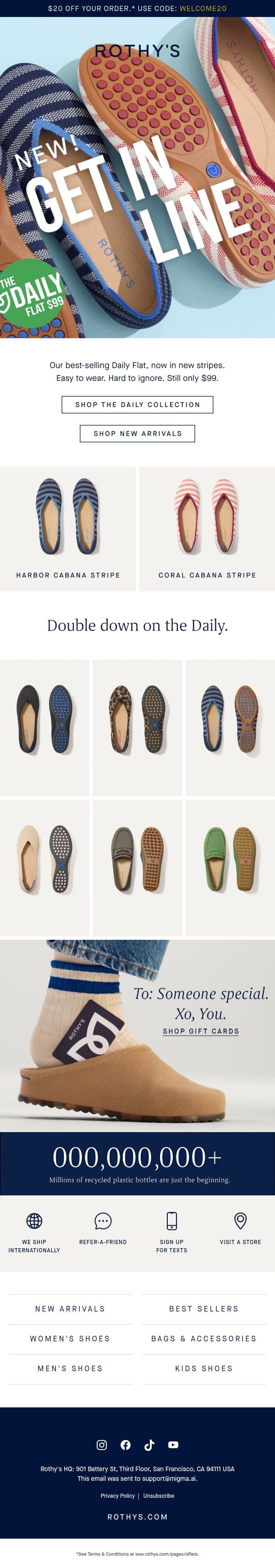 NEW STRIPES! The $99 Daily Flat. email from Rothy's screenshot