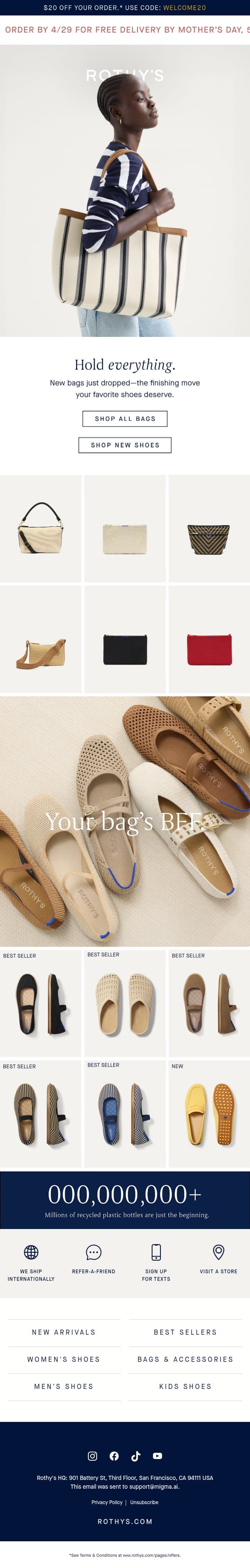 Add to cart: NEW bags. email from Rothy's screenshot