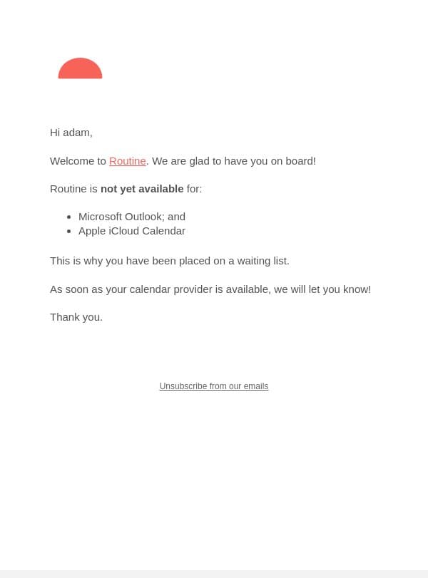 You're on Routine's waiting list email from Routine screenshot