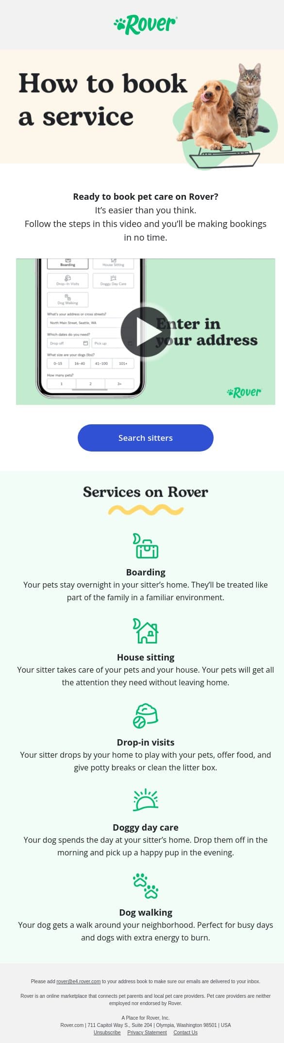 It’s easy to book pet care on Rover—see how! email from Rover screenshot