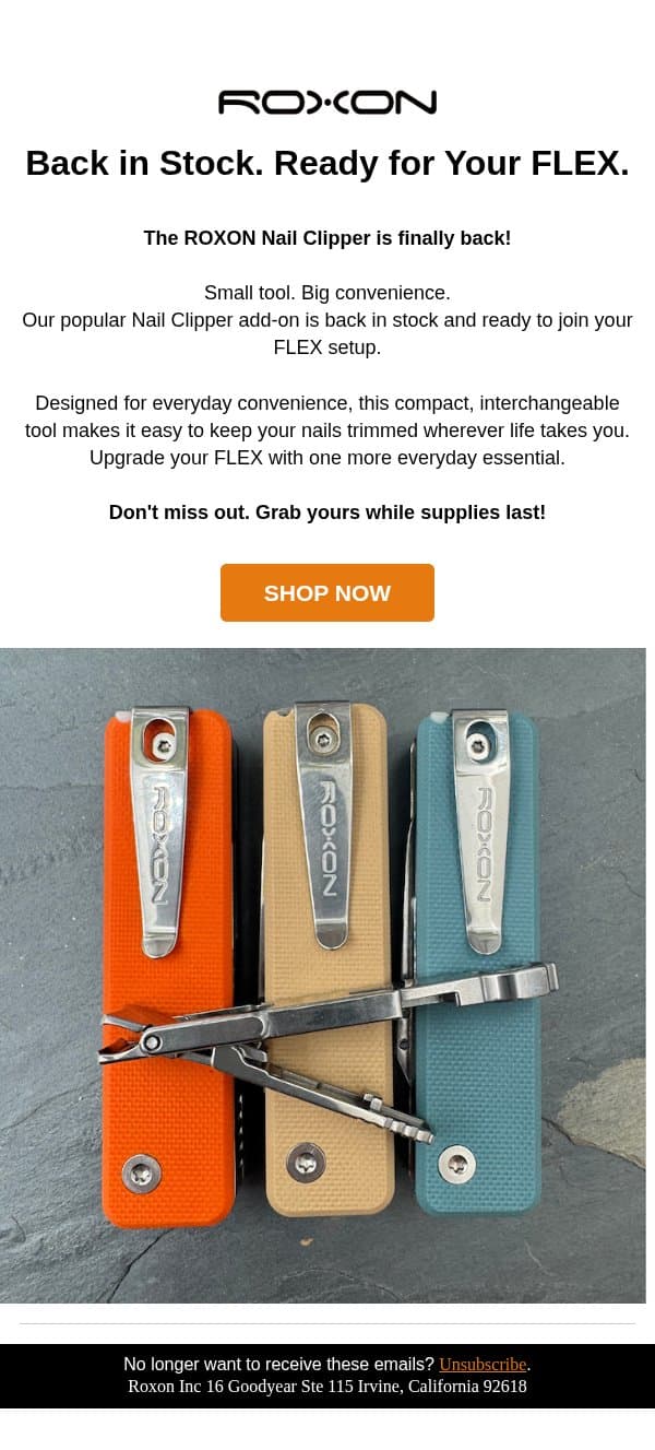 Your Favorite Flex Add-On Is Back In Stock! email from ROXON screenshot