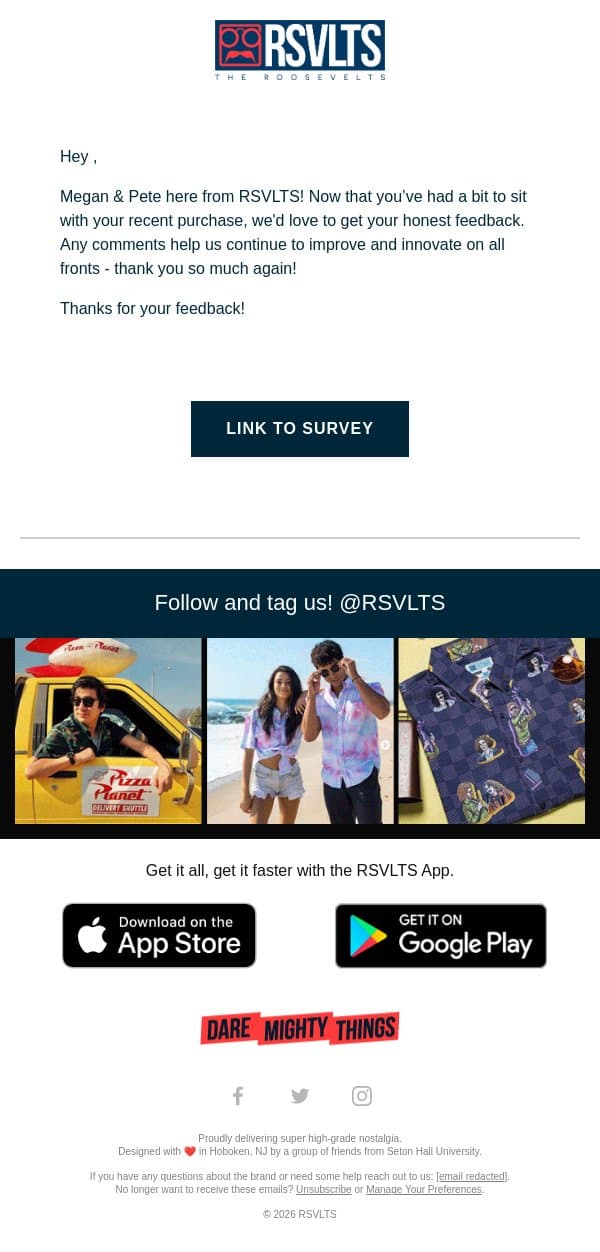 Brief Customer Satisfaction Survey email from RSVLTS screenshot