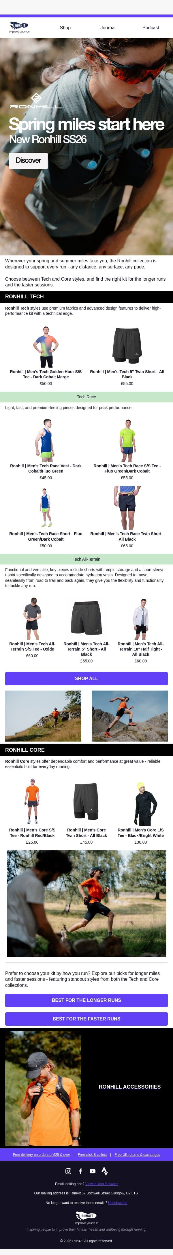 Spring miles start here | New Ronhill SS26 email from Run4It screenshot