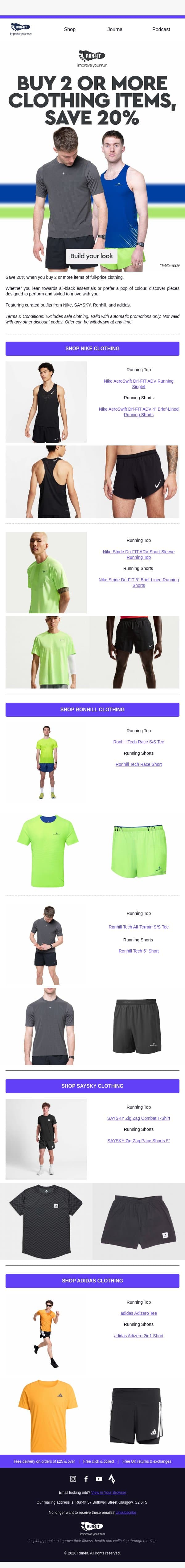 Buy 2 or More, Save 20% on Running Clothing email from Run4It screenshot