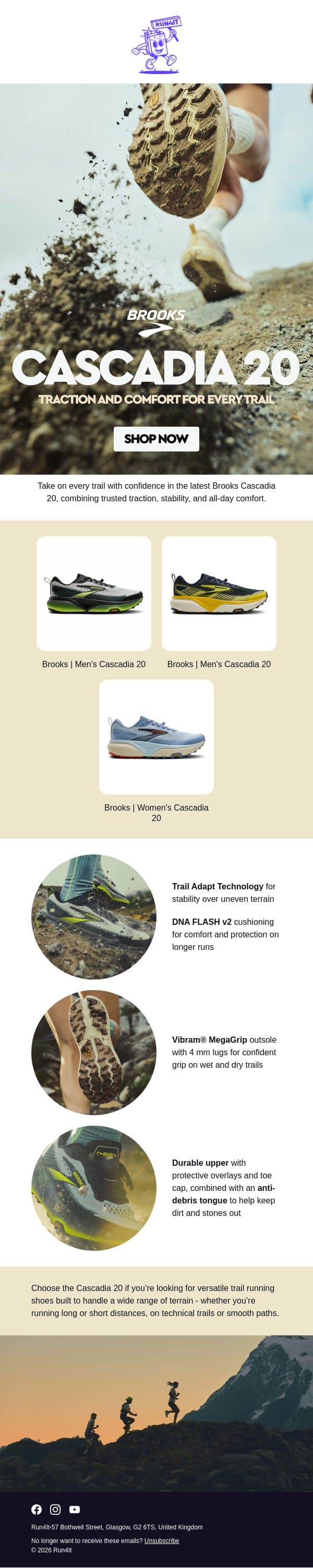 Brooks Cascadia 20: Trail-ready versatility | Run4It Newsletter email from Run4It screenshot