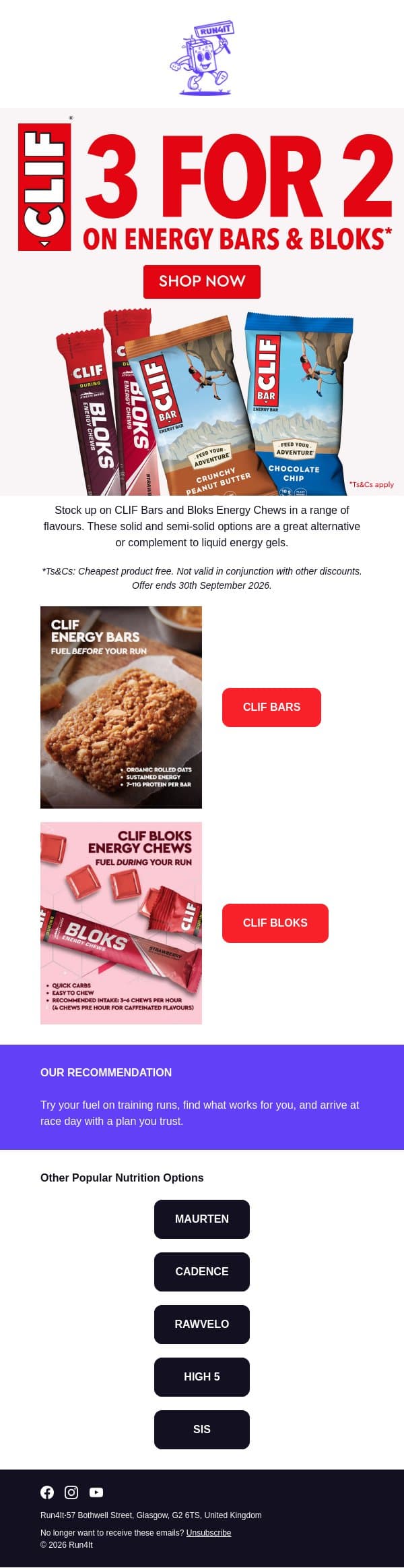 3 for 2 on CLIF Running Nutrition | Run4It Newsletter email from Run4It screenshot