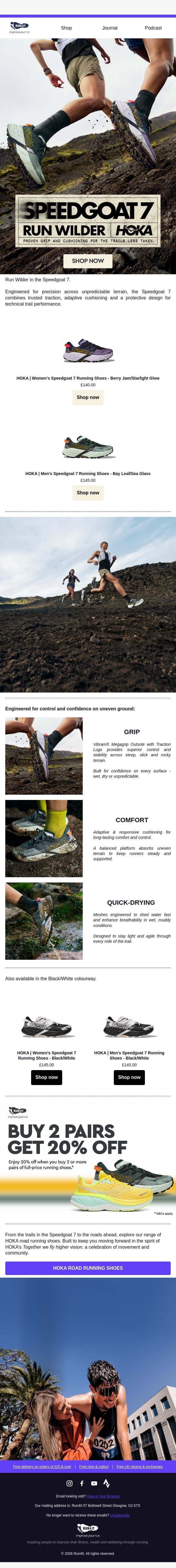 One Shoe. Many Terrains. | HOKA Speedgoat 7 email from Run4It screenshot
