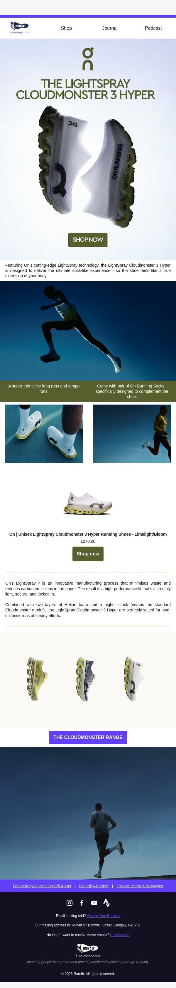 The On LightSpray Cloudmonster 3 Hyper ☁️👟 email from Run4It screenshot