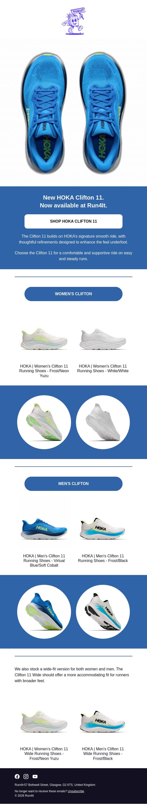 New In: HOKA Clifton 11 | Run4It Newsletter email from Run4It screenshot