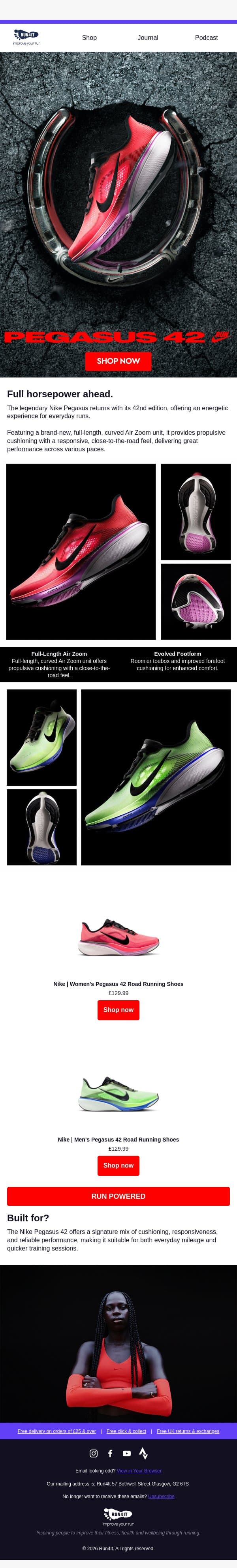 Nike Pegasus 42 is Here 🐎 email from Run4It screenshot