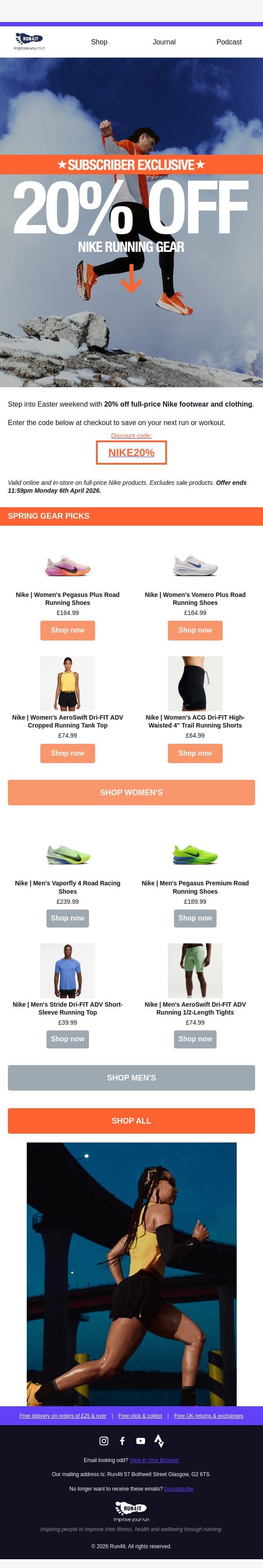 Limited Time: 20% Off Nike for Subscribers! email from Run4It screenshot