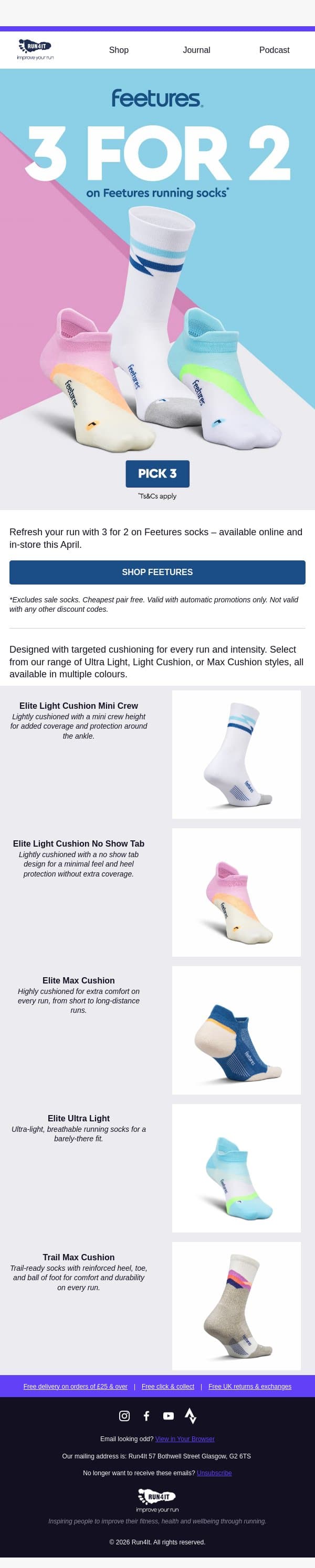 Feetures Offer: 3 for 2 Socks! 🧦 email from Run4It screenshot