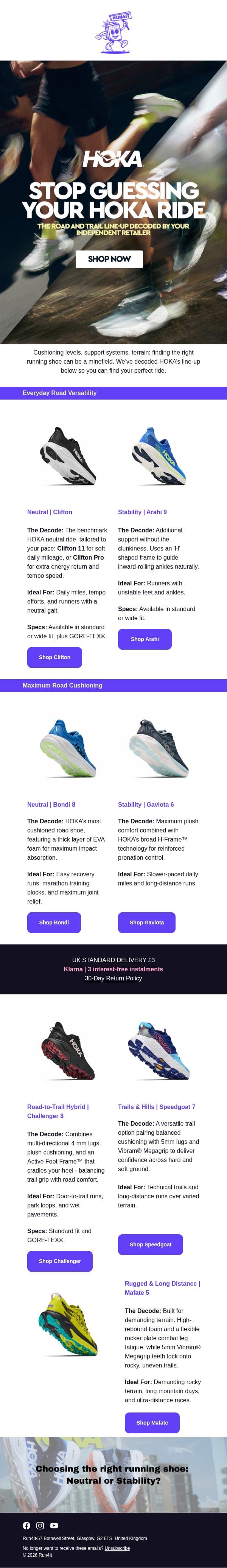 The HOKA range, decoded by your independent retailer | Run4It Newsletter email from Run4It screenshot