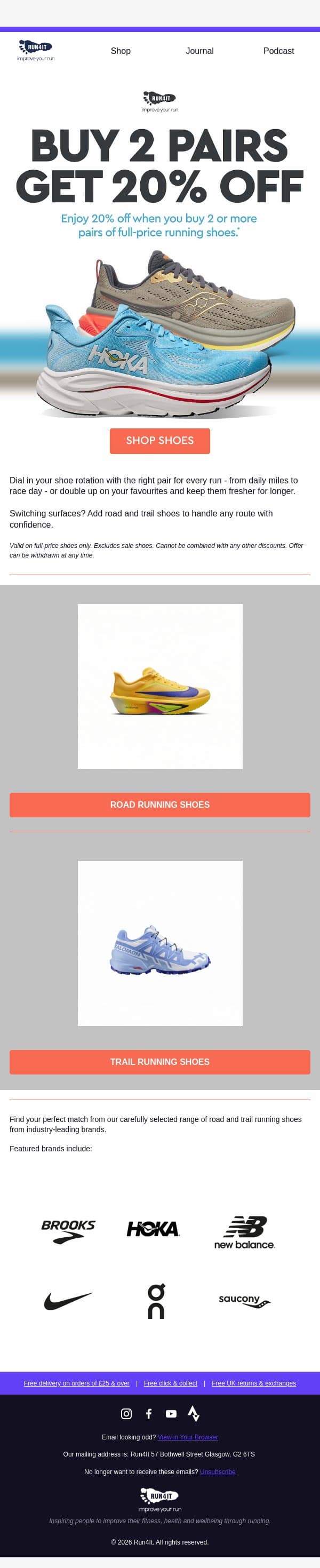 Buy 2 or more pairs get 20% off* email from Run4It screenshot