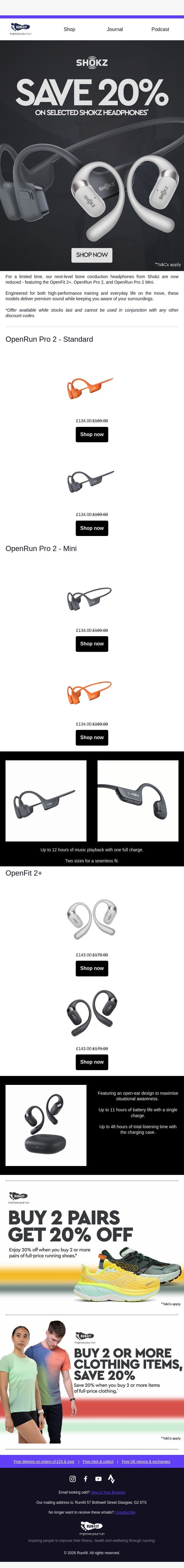 Save 20% on Selected Shokz Headphones email from Run4It screenshot