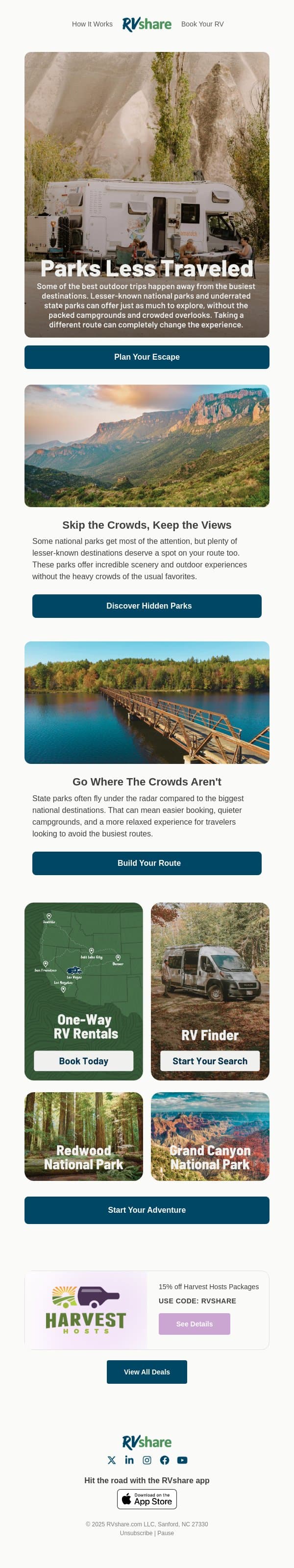 Hidden Parks Most Travelers Miss email from RVshare screenshot