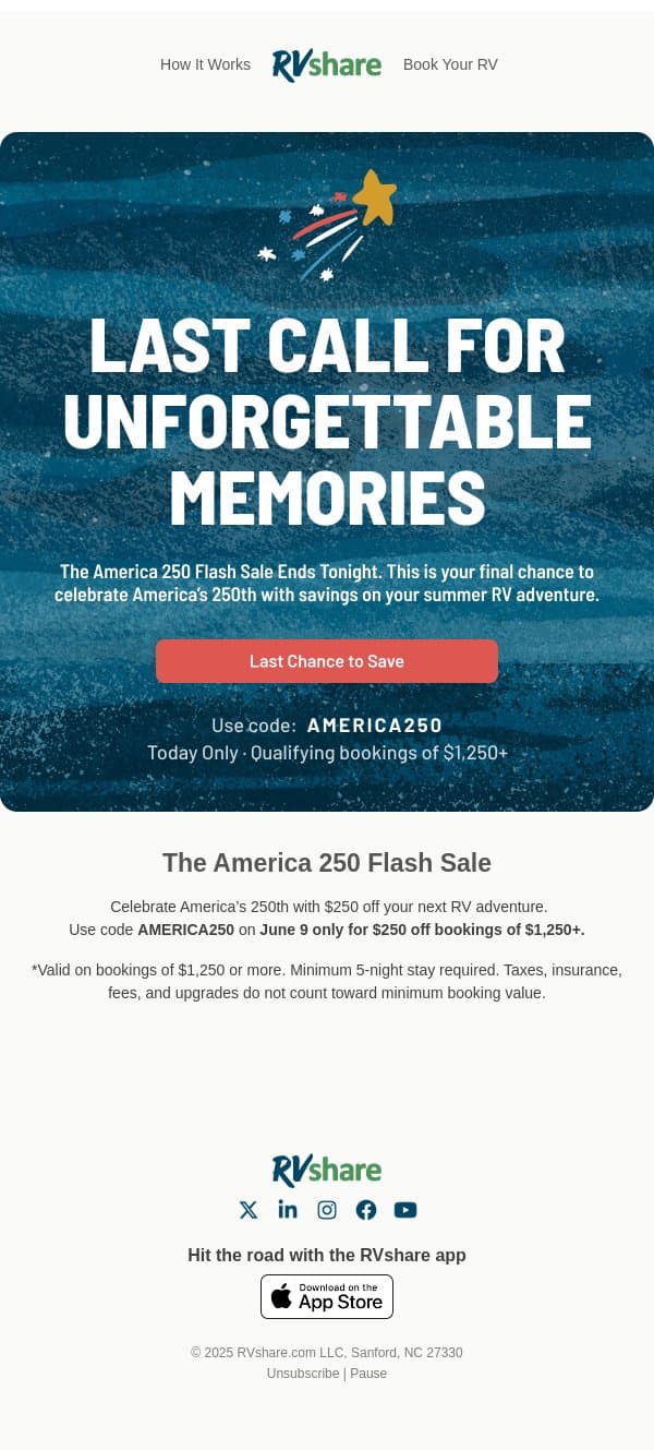$250 Off Ends in Just a Few Hours 🇺🇸 email from RVshare screenshot