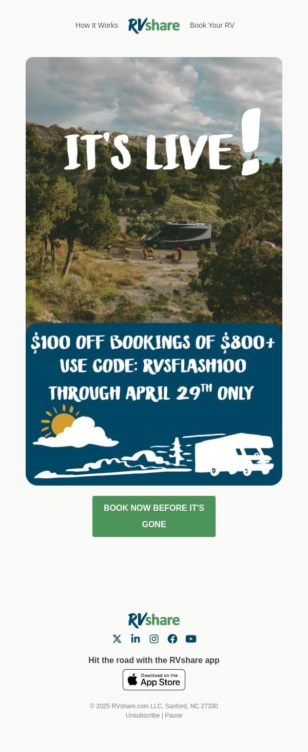 $100 Off Starts Now! email from RVshare screenshot
