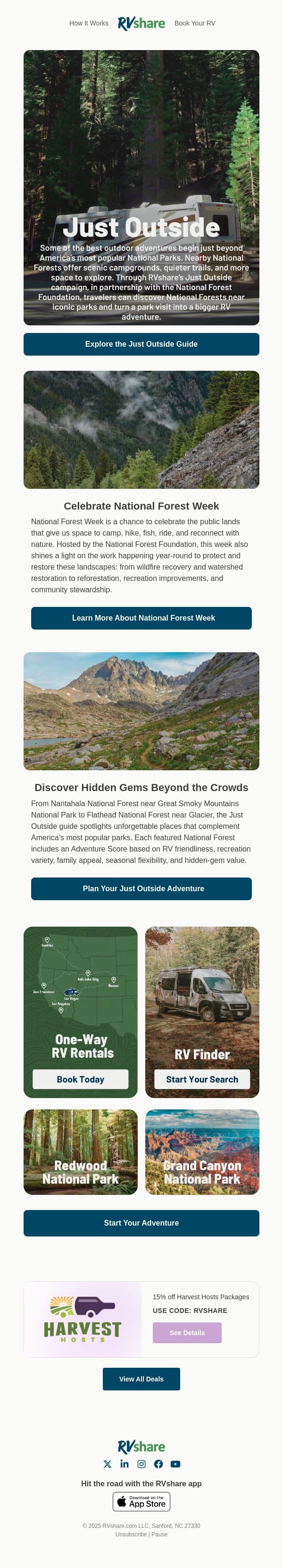 Go Just Outside America’s Favorite National Parks email from RVshare screenshot