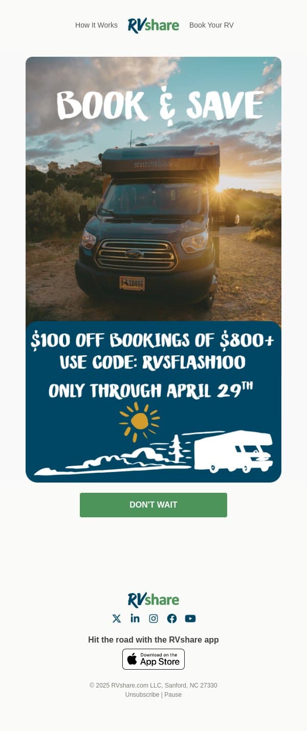 $100 Off Is Still Live email from RVshare screenshot