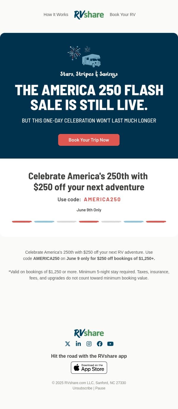 Your America 250 Savings are Still Waiting 🇺🇸 email from RVshare screenshot