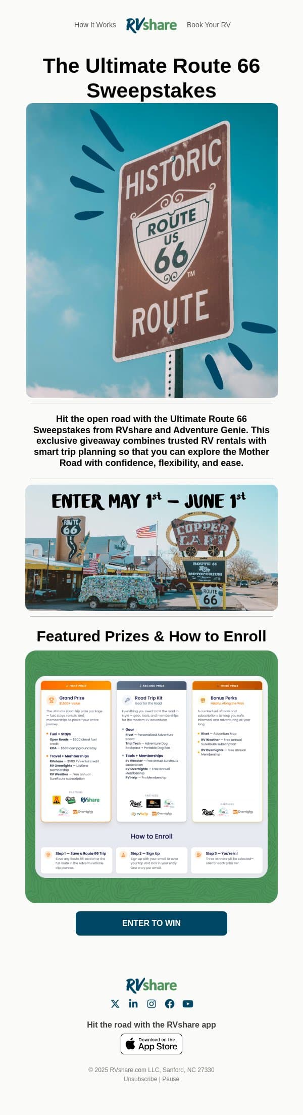 Plan Your Route 66 Trip & Enter to Win email from RVshare screenshot