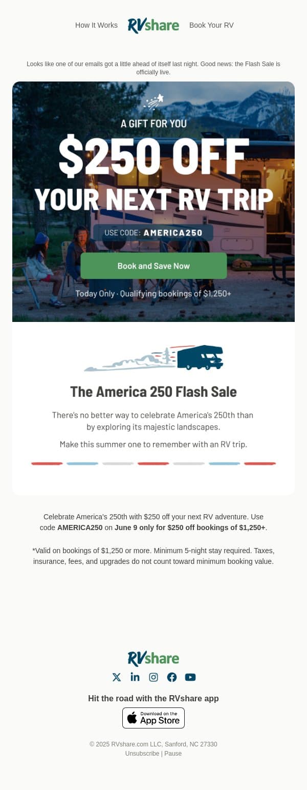 Celebrate America 250 with $250 off 🇺🇸 email from RVshare screenshot