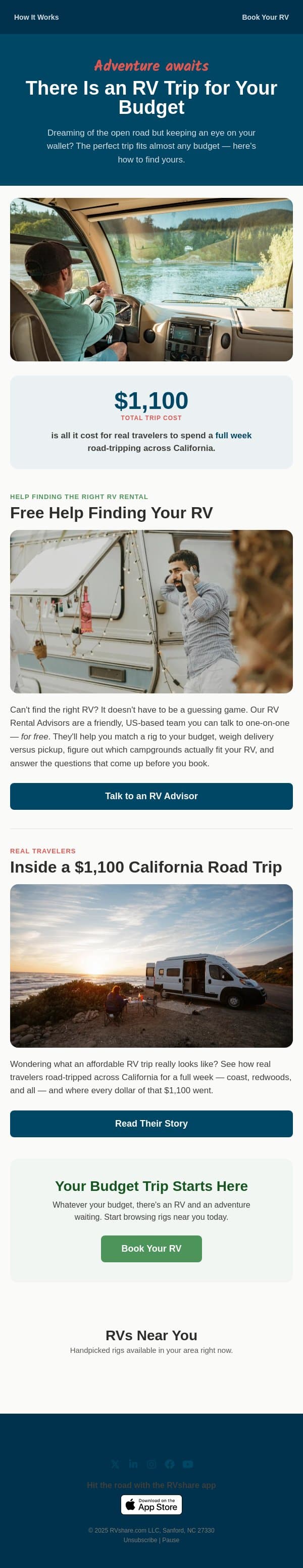 Your Budget Trip Starts Here email from RVshare screenshot