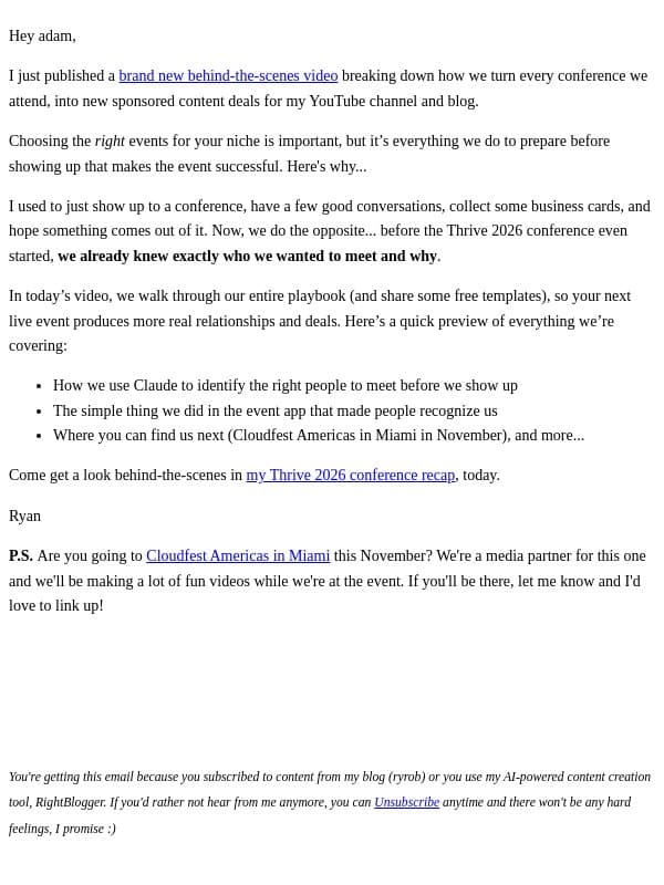 How I book YouTube sponsors at live events email from Ryrob screenshot