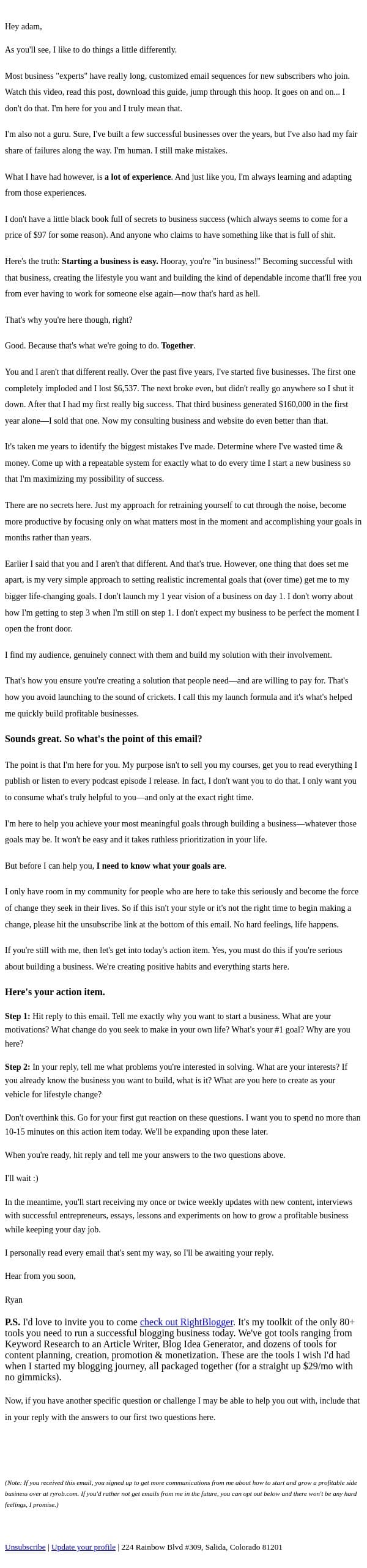 Hello from Ryan (and an action item) email from Ryrob screenshot