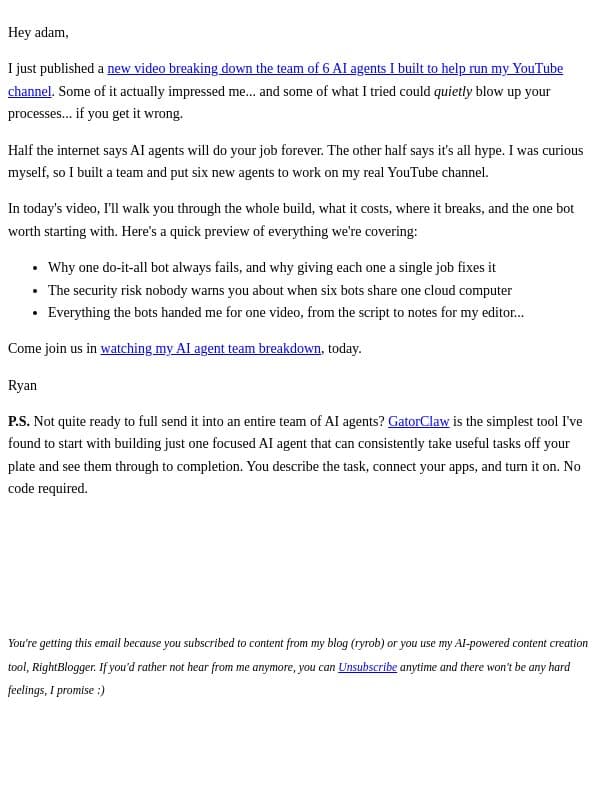 Do AI agents actually work? email from Ryrob screenshot