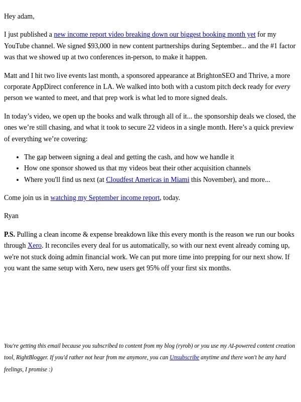 How we booked $93k in YouTube sponsorships last month email from Ryrob screenshot