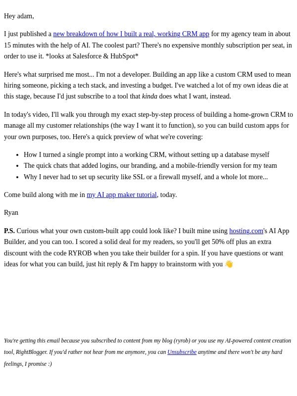 How I built my own CRM in 15 minutes email from Ryrob screenshot