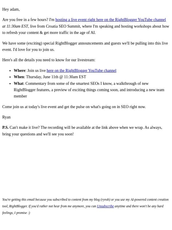 Live from Croatia SEO Summit email from Ryrob screenshot