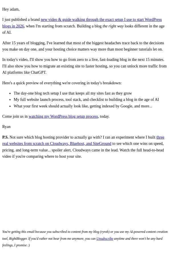 How I'd start a WordPress blog today email from Ryrob screenshot