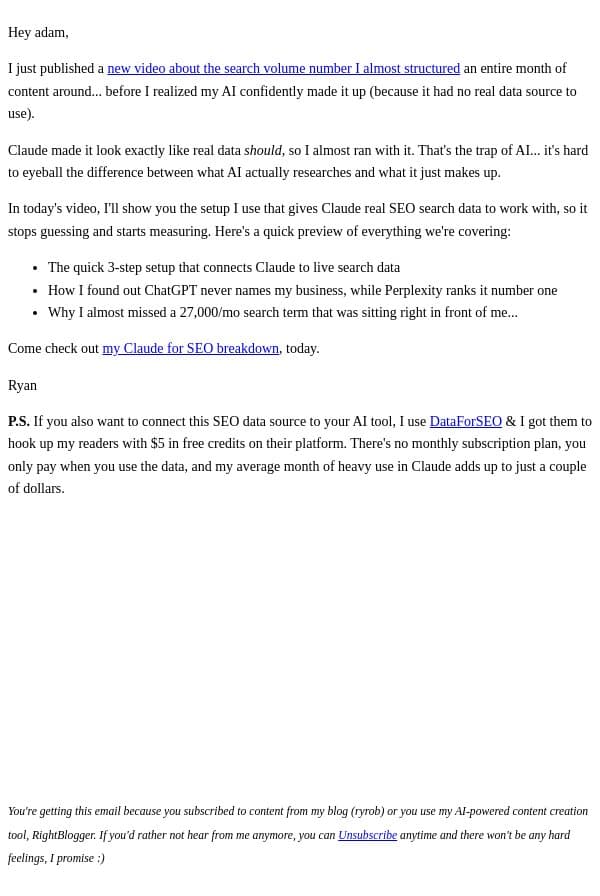 Claude lied to me about SEO data email from Ryrob screenshot