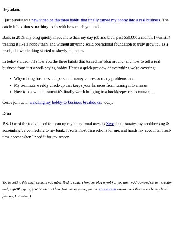 Is your business actually a hobby? email from Ryrob screenshot