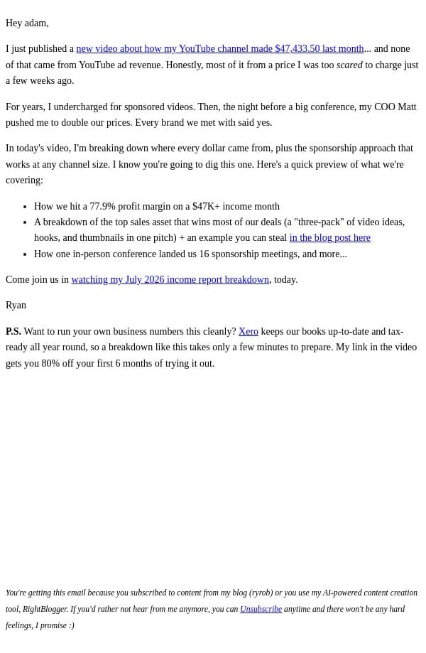 How I made $47,443.50 on YouTube in July email from Ryrob screenshot