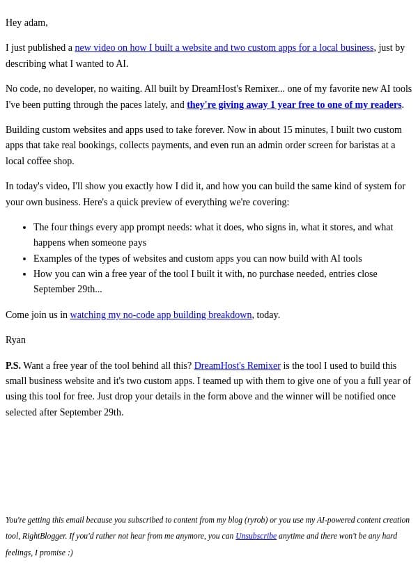 How I build with AI (free giveaway) email from Ryrob screenshot