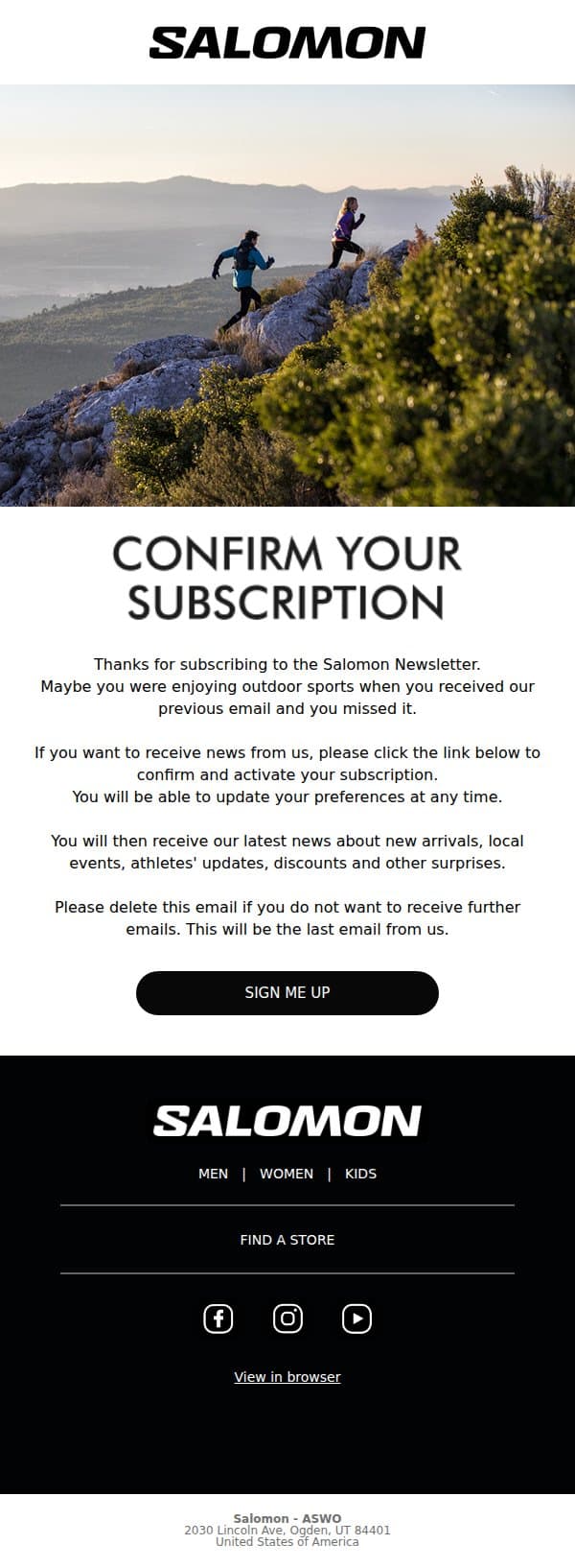 Don't forget to confirm your subscription to the Salomon Newsletter email from Salomon screenshot