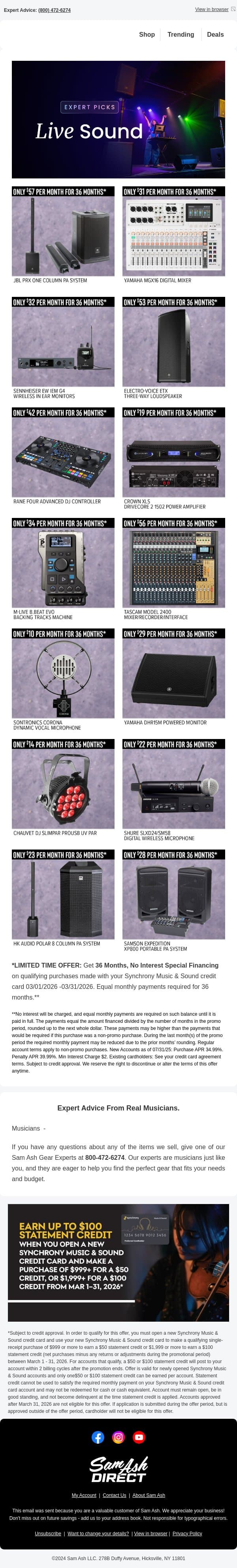 🎶 Upgrade your live sound gear with 36 months, no interest financing! email from Sam Ash screenshot