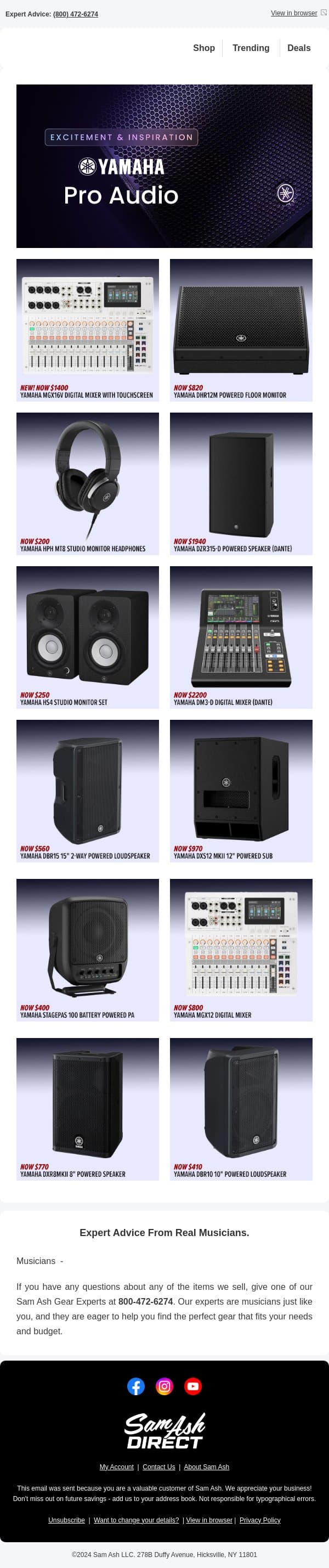 The Other Side of Yamaha: Pro Audio You Shouldn’t Overlook email from Sam Ash screenshot