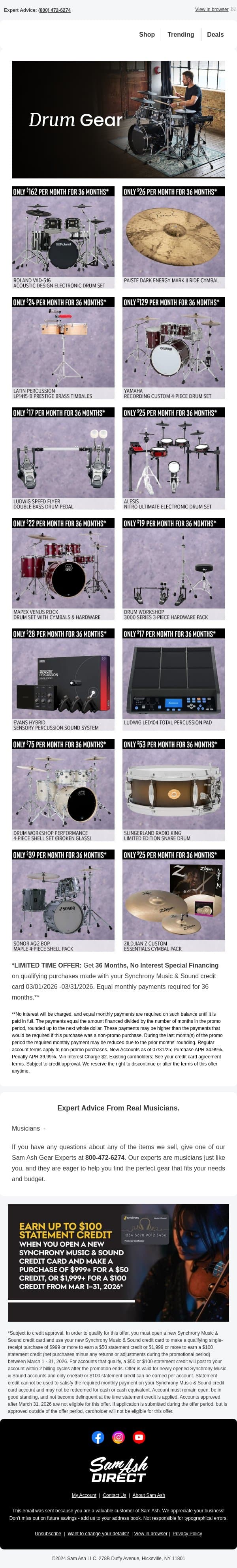 Drums & Percussion: 36 Month No Interest! email from Sam Ash screenshot