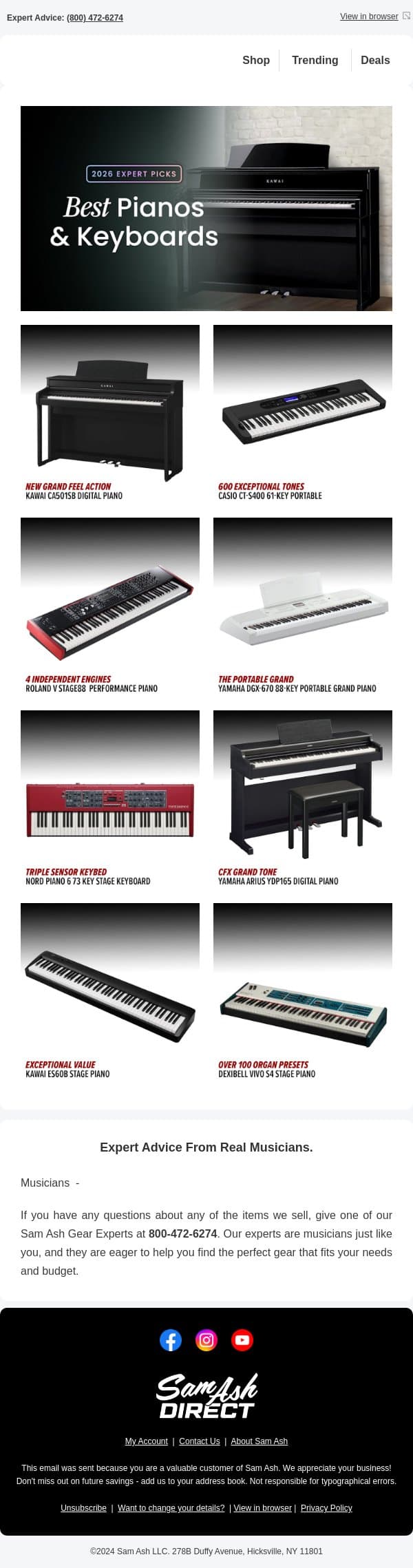 🎹 Check out our favorite keyboards and pianos for 2026! email from Sam Ash screenshot