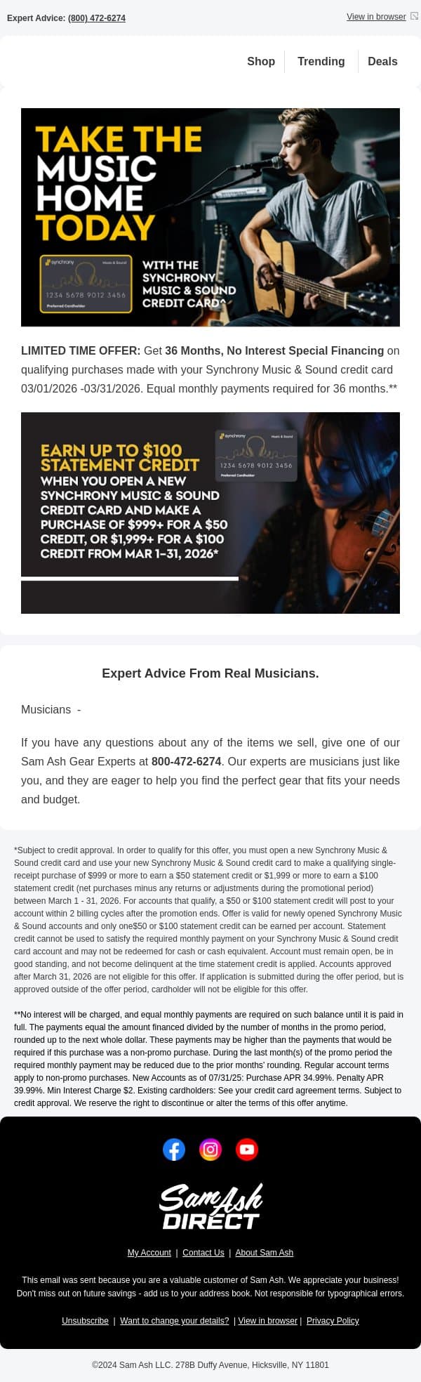🎸 Grab your dream gear with 36 months, no interest financing! email from Sam Ash screenshot