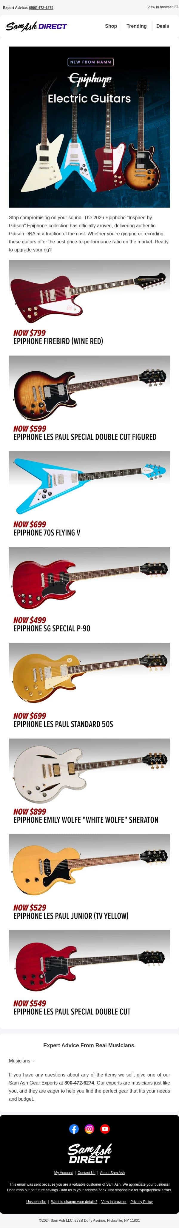 Epiphone Inspired by Gibson: Revamped & Refreshed email from Sam Ash screenshot