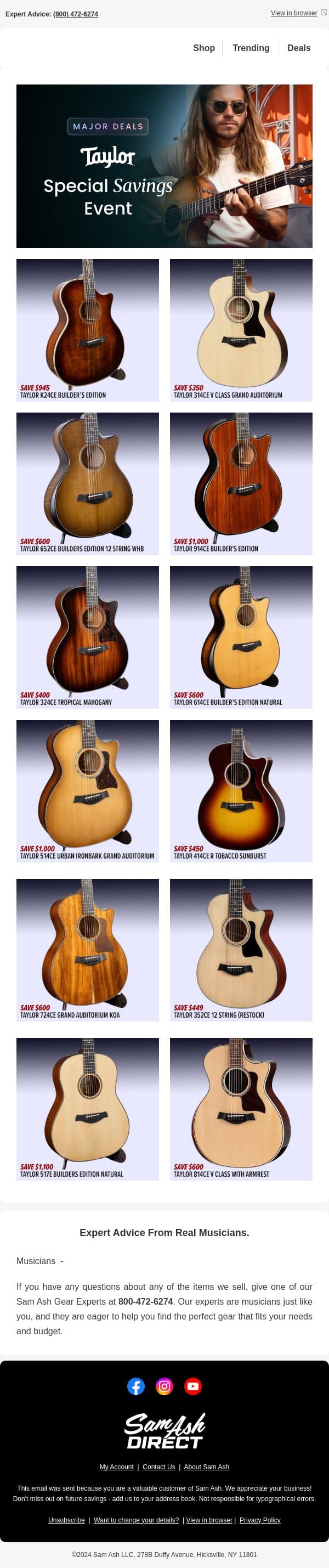 Taylor Guitar Super Sale: Only One of Each Available! email from Sam Ash screenshot