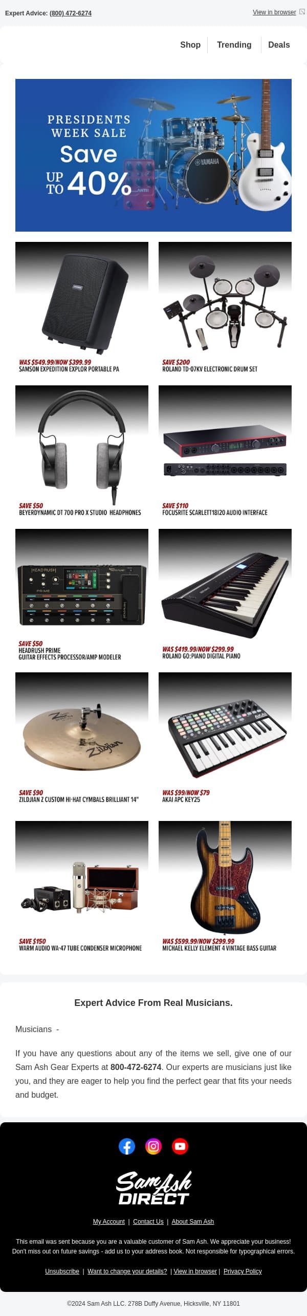 🎶 Unbeatable Presidents Week deals on music and sound gear! email from Sam Ash screenshot