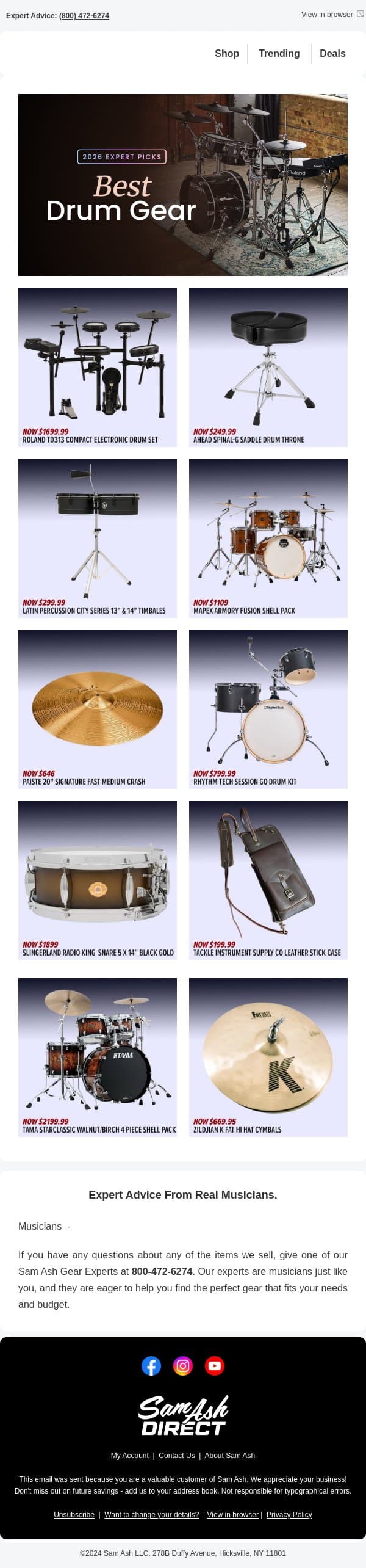 Discover Our Favorite Dynamite Drum Gear email from Sam Ash screenshot
